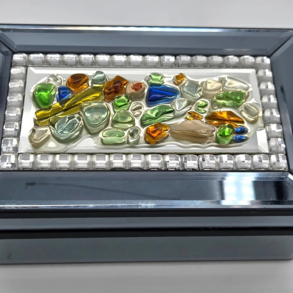 Vintage Mirrored Hinged Jewelry Box Beveled Edges with Mosaic Mixed Glass Pieces